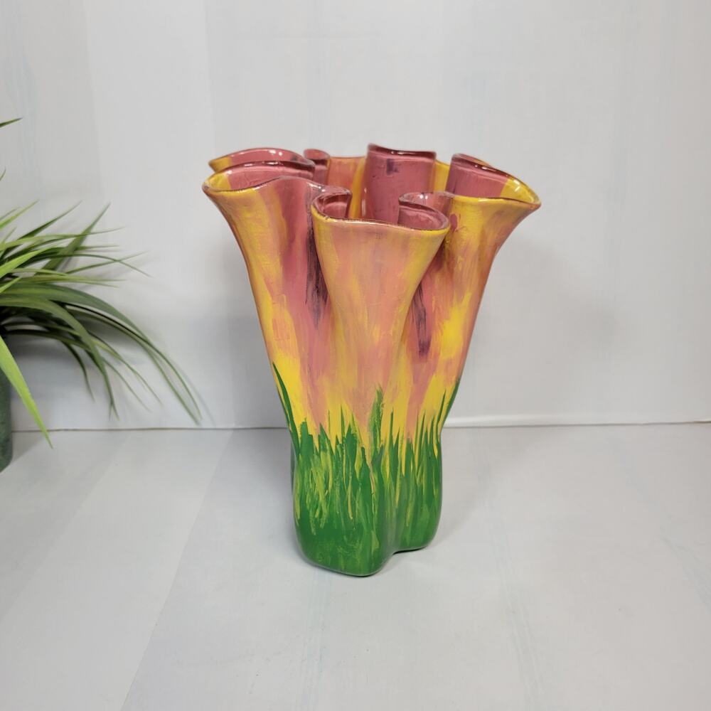 Vintage Ceramic Ruffled Hand Painted Trumpet Flower Vase Pink Yellow Green Grass